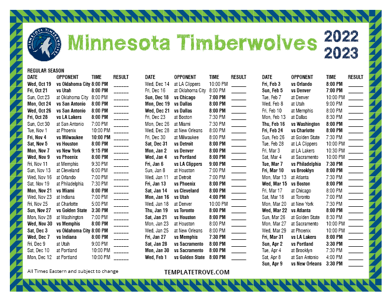 Printable 2022 2023 Minnesota Timberwolves Schedule