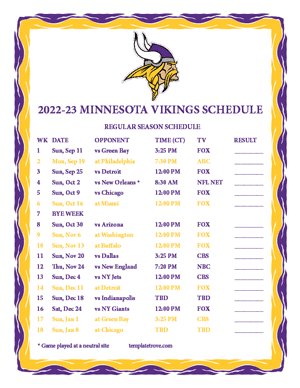 Minnesota Vikings 2022-23 Printable Schedule - Central Times