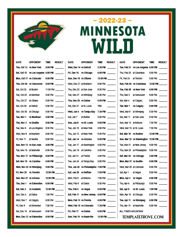 Printable 20222023 Minnesota Wild Schedule