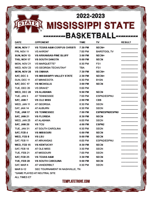 Mississippi State Bulldogs Basketball 2022-23 Printable Schedule