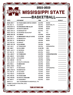 Mississippi State Bulldogs Basketball 2022-23 Printable Schedule - Mountain Times