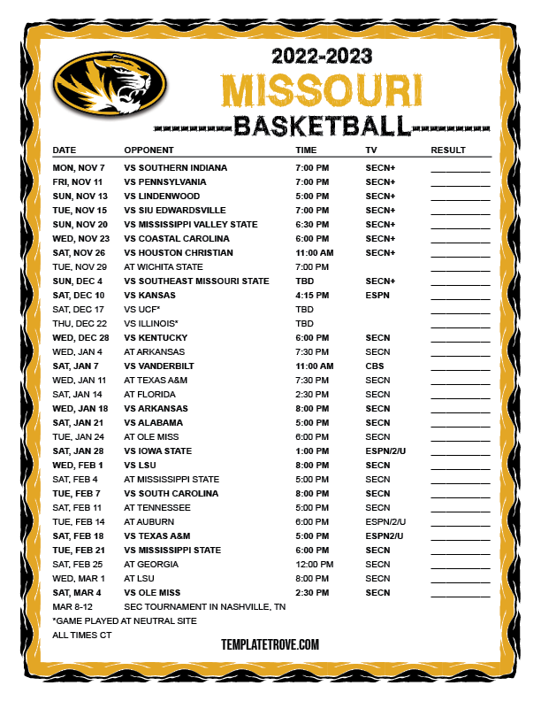Printable 2022-2023 Missouri Tigers Basketball Schedule