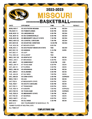 Missouri Tigers Basketball 2022-23 Printable Schedule