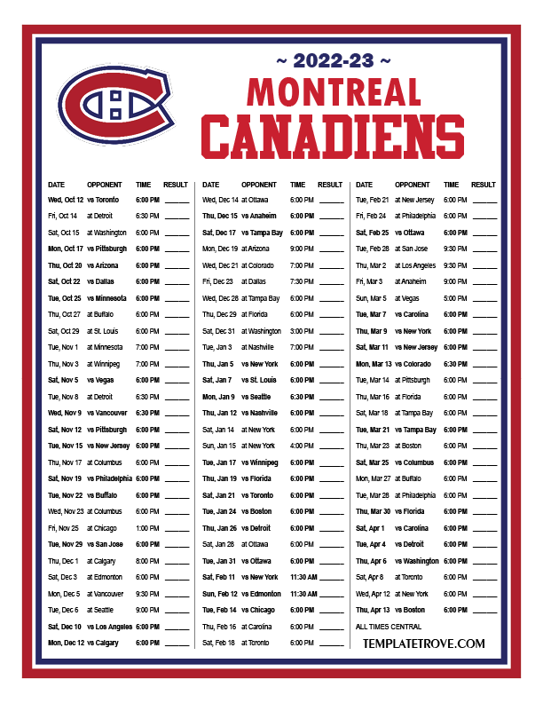 Printable 20222023 Montreal Canadiens Schedule