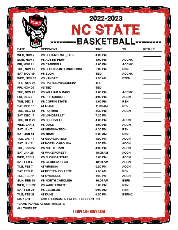 Printable 2022-2023 NC State Wolfpack Basketball Schedule