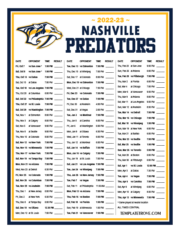 Printable 20222023 Nashville Predators Schedule