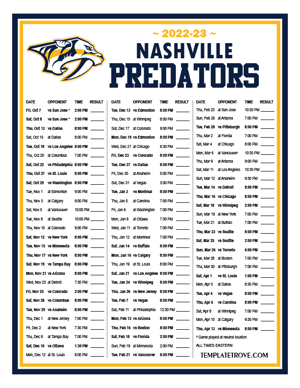 Printable 2022 2023 Nashville Predators Schedule