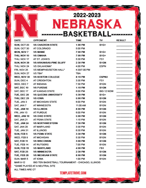Nebraska Cornhuskers Basketball 2022-23 Printable Schedule - Central Times