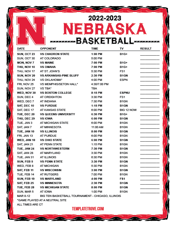 Printable 20222023 Nebraska Cornhuskers Basketball Schedule