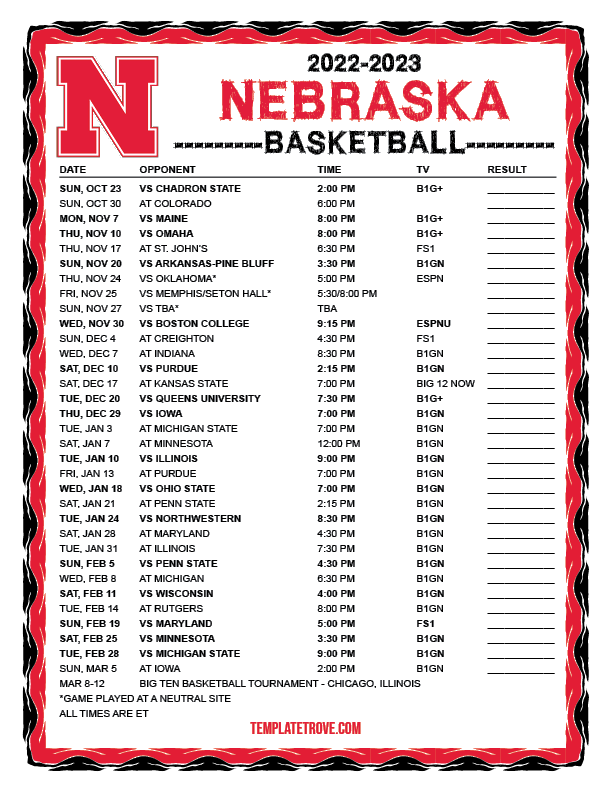Printable 2022 2023 Nebraska Cornhuskers Basketball Schedule