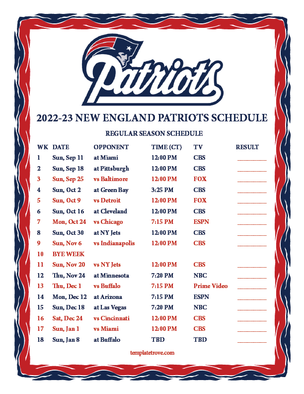 Printable 20222023 New England Patriots Schedule
