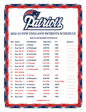 New England Patriots 2022-23 Printable Schedule