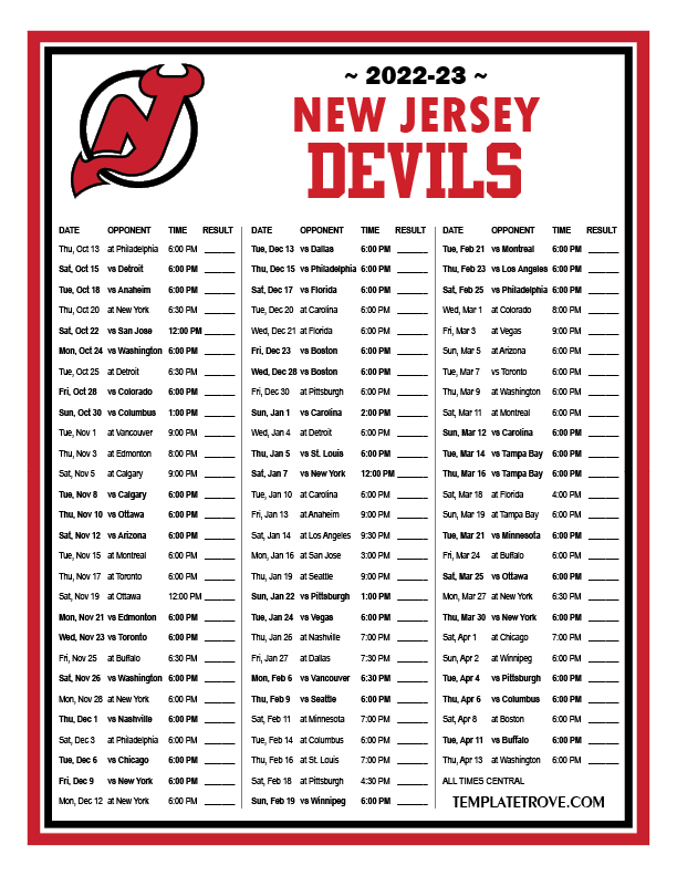 Printable 2022-2023 New Jersey Devils Schedule