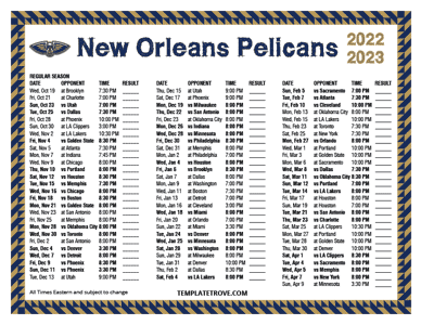 New Orleans Pelicans 2022-23 Printable Schedule