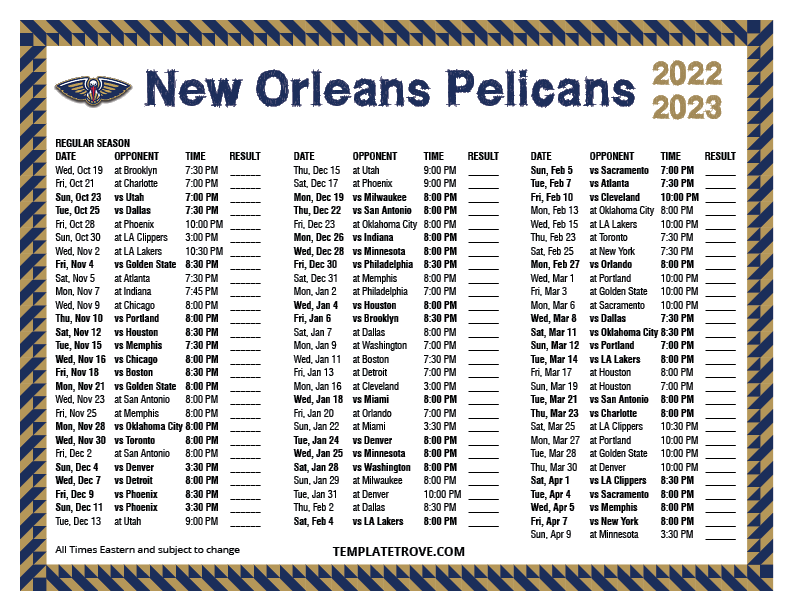 Printable 20222023 New Orleans Pelicans Schedule