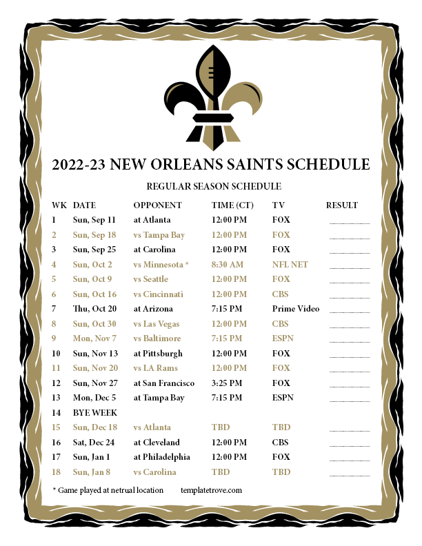 Printable 2022-2023 New Orleans Saints Schedule