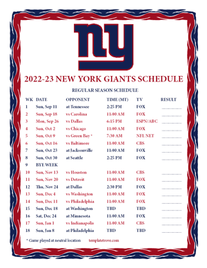New York Giants 2022-23 Printable Schedule - Mountain Times