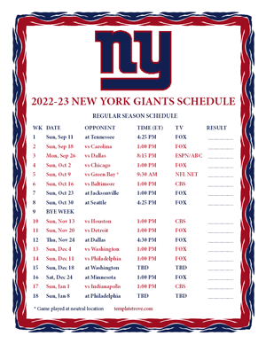 New York Giants 2022-23 Printable Schedule