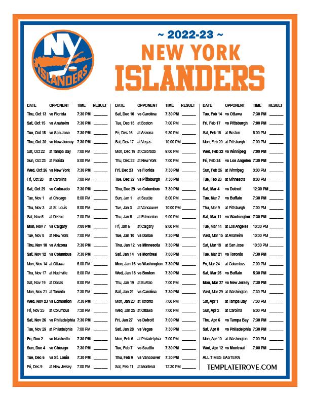 Printable 2022-2023 New York Islanders Schedule