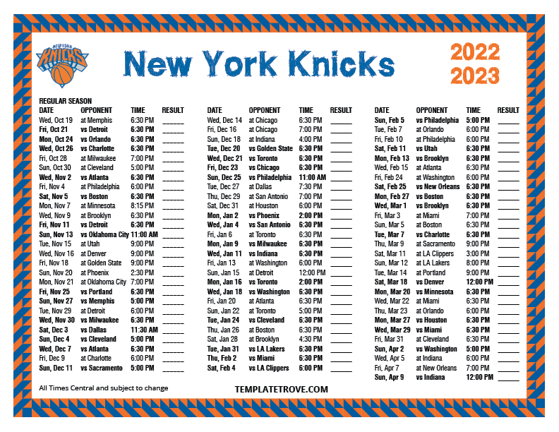 2022 2023 Printable New York Knicks Schedule Central Times 