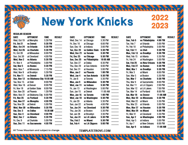 2022 2023 Printable New York Knicks Schedule Mountain Times 