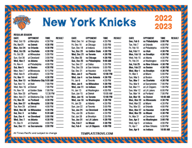 New York Knicks 2022-23 Printable Schedule - Pacific Times