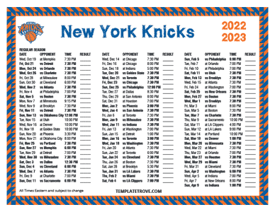 New York Knicks 2022-23 Printable Schedule