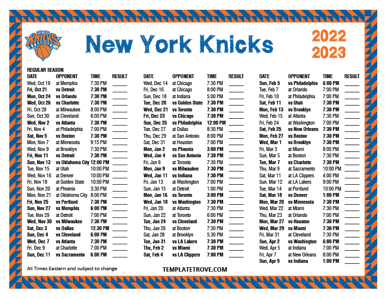 Printable 2022 2023 New York Knicks Schedule