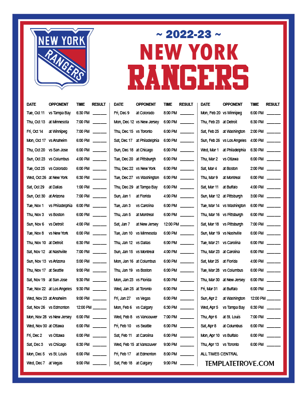 2022 2023 Printable New York Rangers Schedule CT PNG 