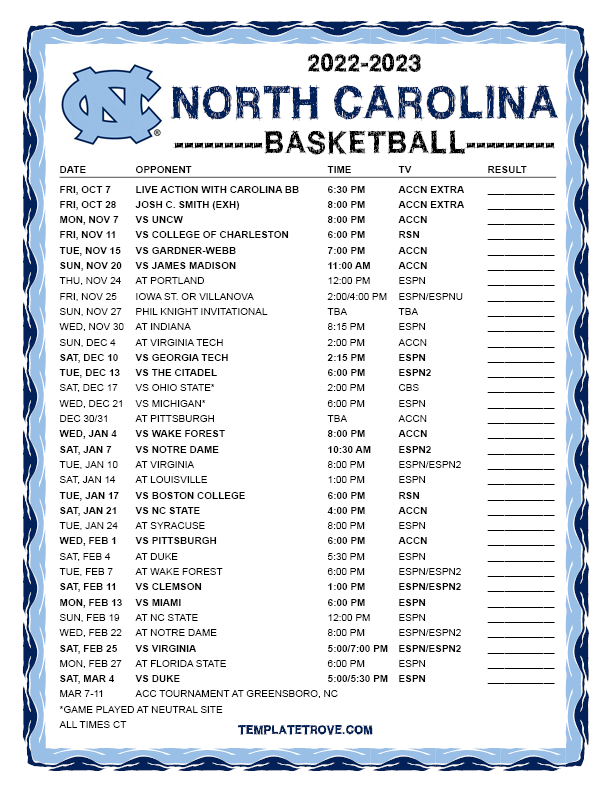 Printable 20222023 North Carolina Tarheels Basketball Schedule