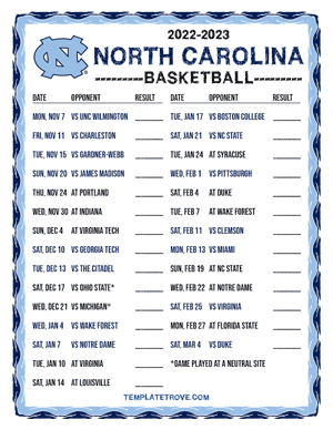 2022-23 Printable North Carolina Tarheels Basketball Schedule
