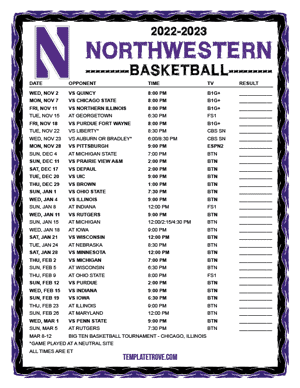 Northwestern Wildcats Basketball 2022-23 Printable Schedule