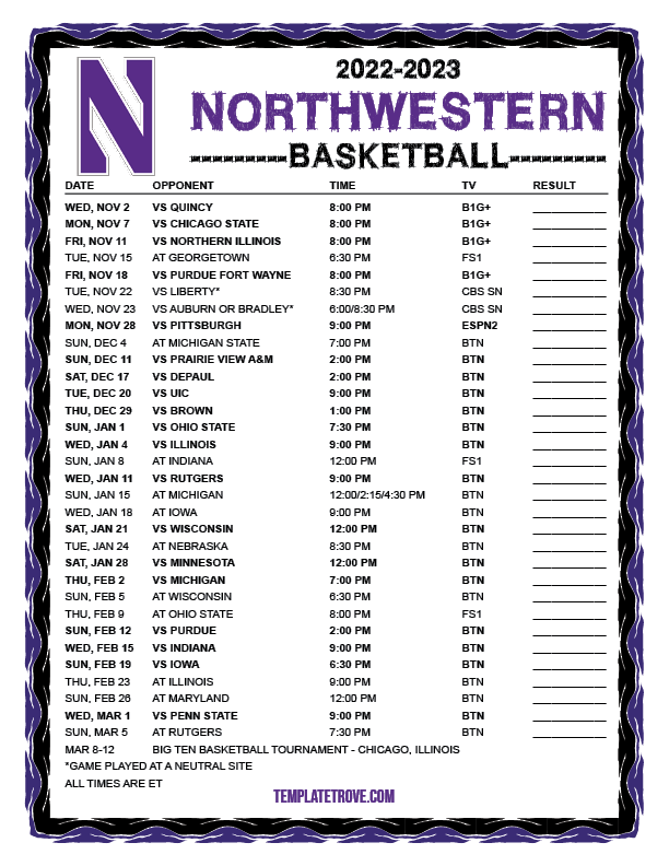 Printable 2022-2023 Northwestern Wildcats Basketball Schedule