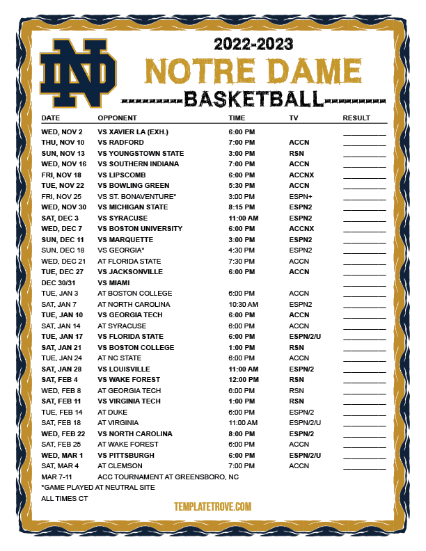 Printable 20222023 Notre Dame Fighting Irish Basketball Schedule
