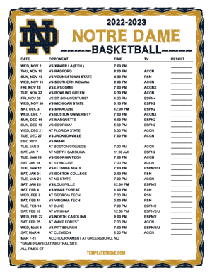 Notre Dame Fighting Irish Basketball 2022-23 Printable Schedule