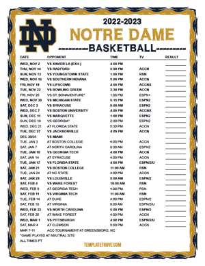 Notre Dame Fighting Irish Basketball 2022-23 Printable Schedule - Pacific Times