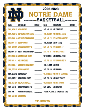 2022-23 Printable Notre Dame Fighting Irish Basketball Schedule