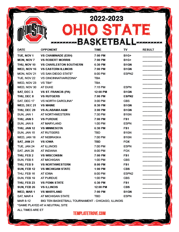 Printable 2022-2023 Ohio State Buckeyes Basketball Schedule