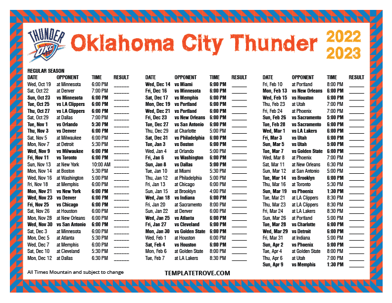 Printable 20222023 Oklahoma City Thunder Schedule