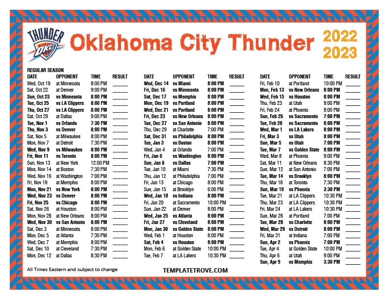 2022 2023 Printable Oklahoma City Thunder Schedule 