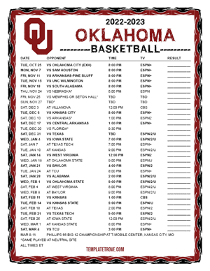 Oklahoma Sooners Basketball 2022-23 Printable Schedule