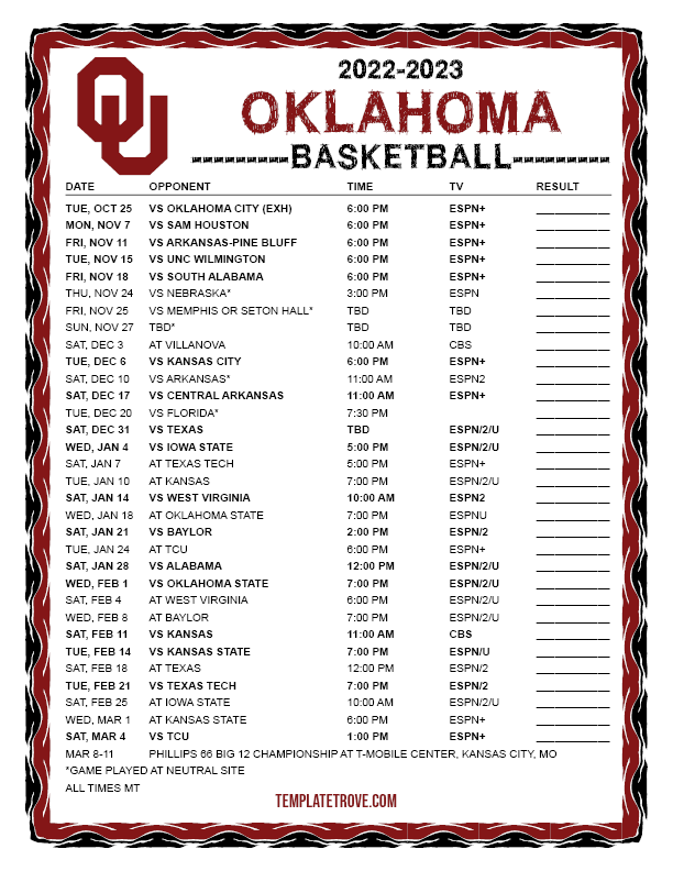 Printable 20222023 Oklahoma Sooners Basketball Schedule