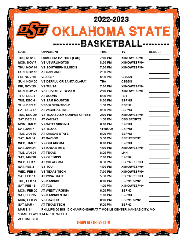 Printable 20222023 Oklahoma State Cowboys Basketball Schedule