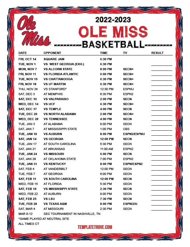 Printable 20222023 Ole Miss Rebels Basketball Schedule