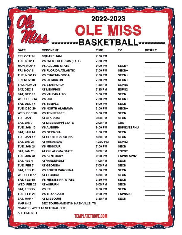 2022 2023 Printable Ole Miss Rebels Basketball Schedule Full ET 