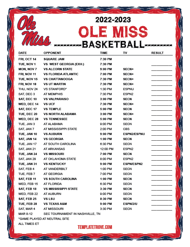 Printable 2022 2023 Ole Miss Rebels Basketball Schedule