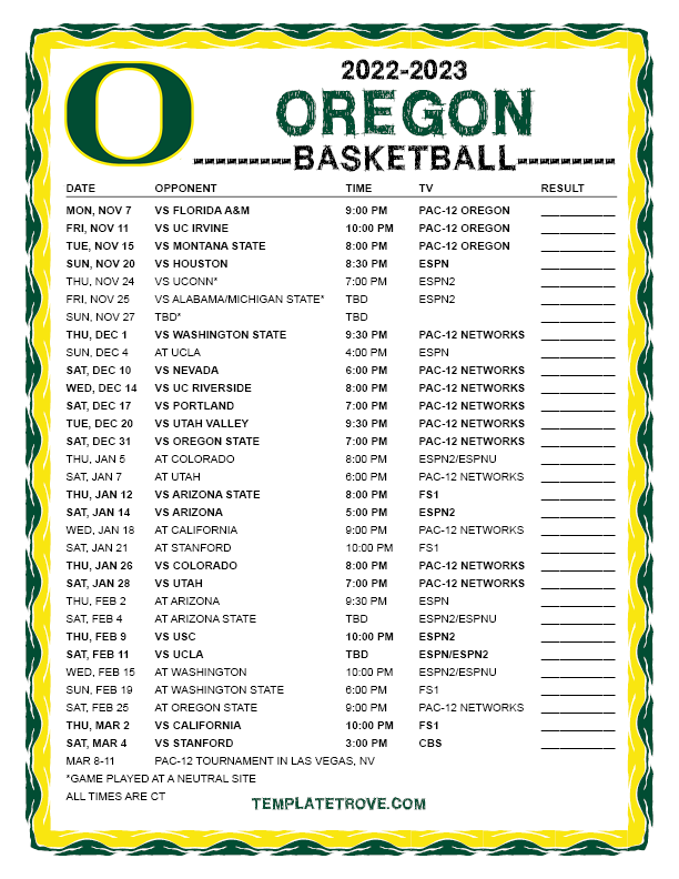 2022 2023 Printable Oregon Ducks Basketball Schedule Full CT 