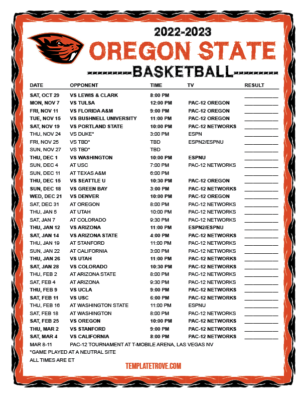 Printable 20222023 Oregon State Beavers Basketball Schedule