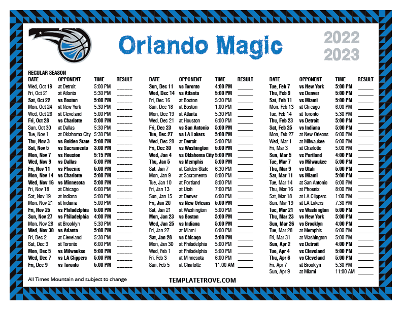 2022 2023 Printable Orlando Magic Schedule Mountain Times 