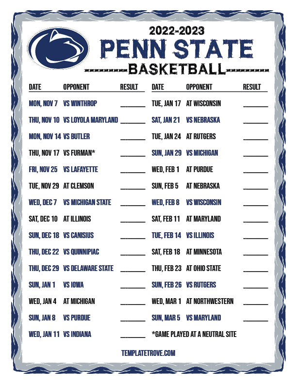 Penn State Printable Football Schedule 2023